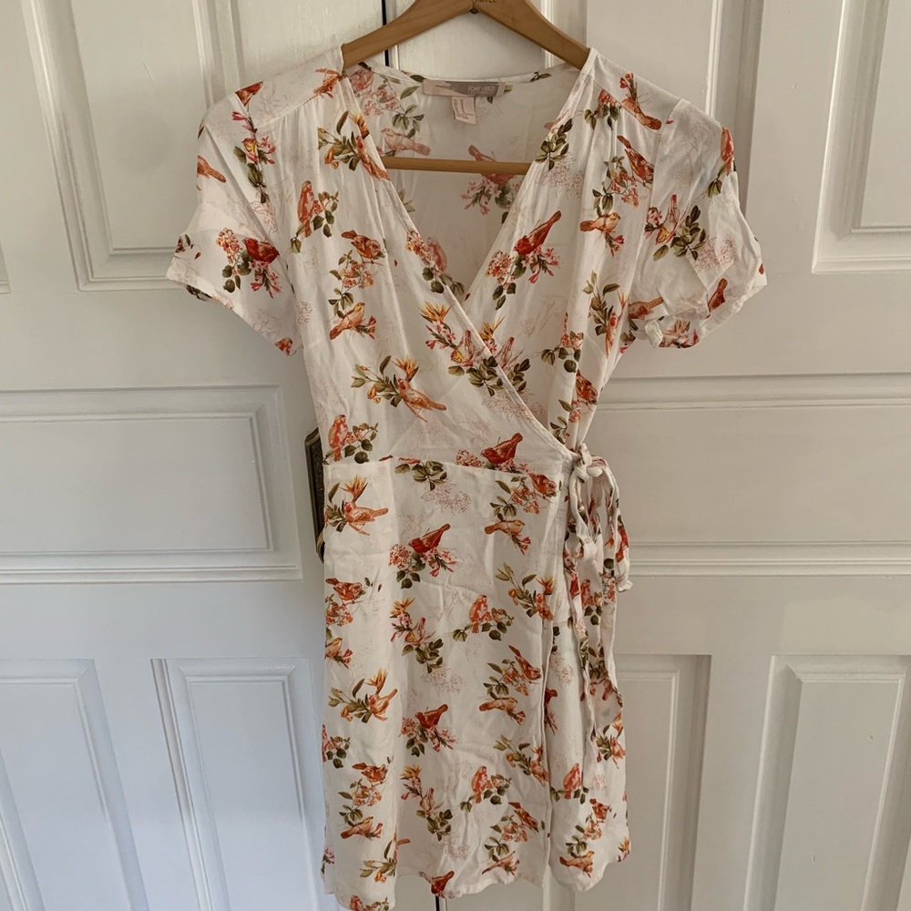 bird and floral wrap dress